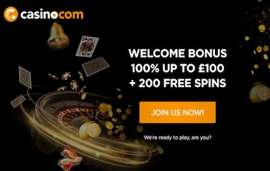 Casino.com welcome bonus on dark background with image of roulette, coins and cards