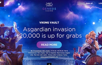 Genesis Casino bonus offer on galaxy themed background with imaes of game characters