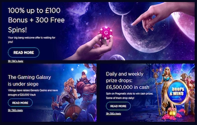 Genesis Casino promotion banner on galaxy themed backgrounds with game characters images