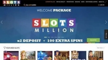 SlotsMillion homepage with bonus offer banner and site menu