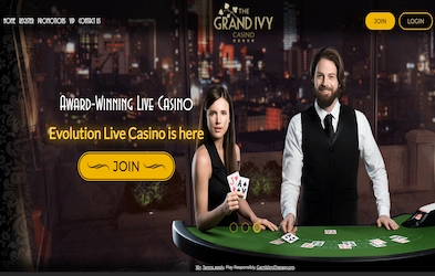 Grand Ivy Casino Hompepage with casino logo, live casino banner and site menu