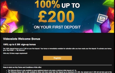 Videoslots welcome bonus banner with game symbols, register button and description of promotion