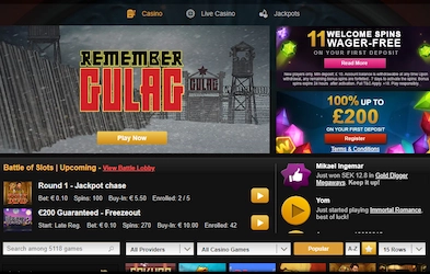 Videoslots homepage with bonus banners and game banner on dark background