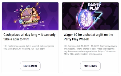 PartyCasino promotion banners with image of coins, roulette and other game attributes
