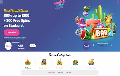 Casino Joy homepage with bonus banner