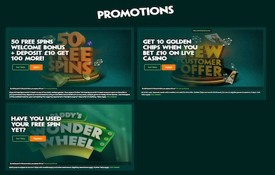 Paddy Power Casino promotion banners on dark background with images of game attributes