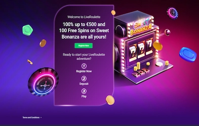 LiveRoulette Casino bonus banner on dark background with image of slot machine