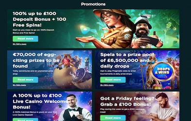 Some of Spela Casino promotions on dark background with symbolic game images