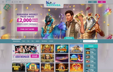 Karamba Casino homepage with bonus banner, site menu and casino logo