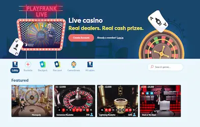 Play Frank Casino Live Casino games with image of roulette, cards and button create account