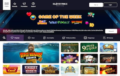 Slot Strike Casino homepage with bonus banners, site menu and game icons