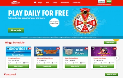 Sun Bingo homepage with bonus banner, menu