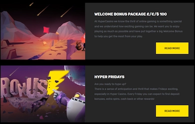 Hyper Casino promotion banners on dark background with animated landscape image