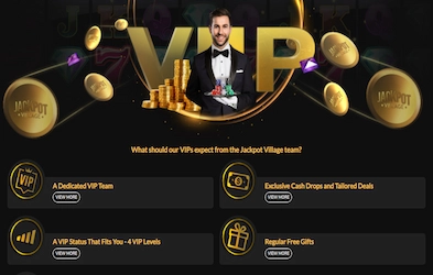 Jackpot Village VIP club banner on dark background with image of coins, poker chips and casino dealer