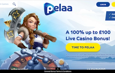 Pelaa Casino homepage with bonus banner, casino logo, image of game character and roulette