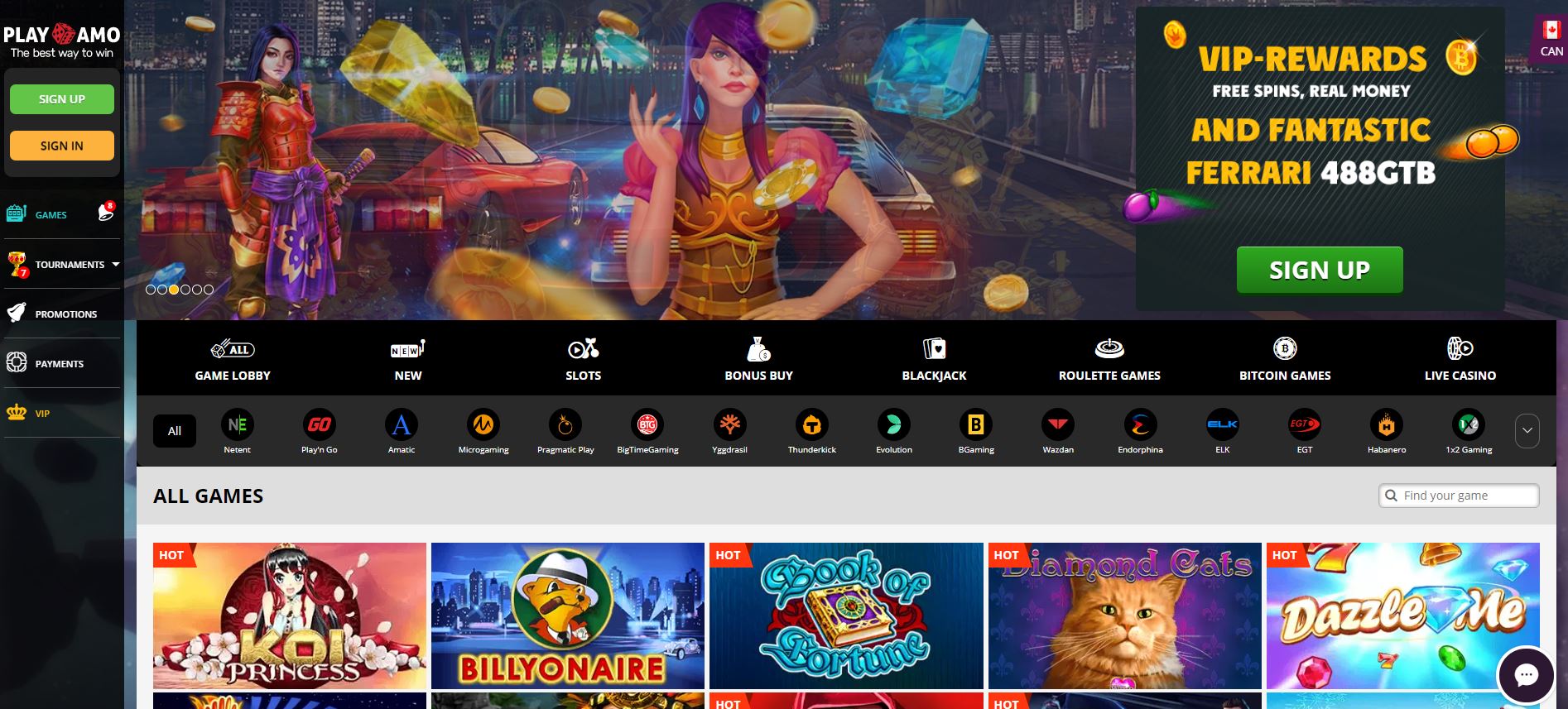 PlayAmo casino games section.