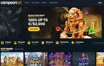 Campeon UK Casino homepage with site menu, casino logo and bonus banner