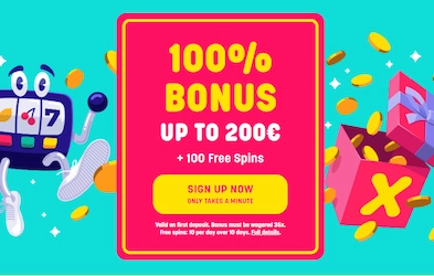 Caxino Casino welcome bonus banner with image of coins, present and slot machine