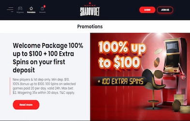 Shadow Bet welcome package on light background with image of slot machine, site menu