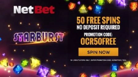 Netbet casino starburst promo on dark background with images of game elements and sacino logo