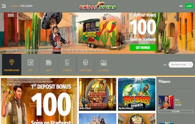 Chilli Casino homepage with bonus banner