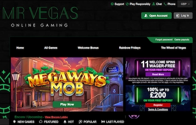 Mr Vegas Casino homepage on dark background with promotion banners, site menu and casino logo