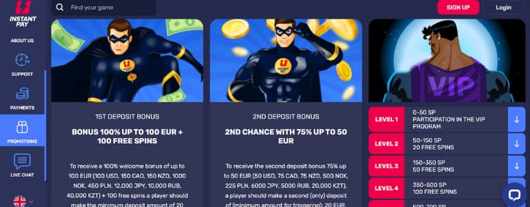 InstantPay 1st and second deposit bonuses