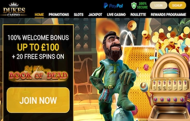 Dukes Casino homepage with bonus banner, site menu and casino logo