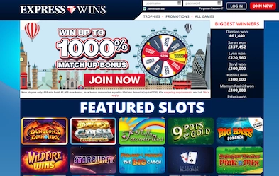 Express Wins Casino homepage with bonus banner, featured slots section and site menu
