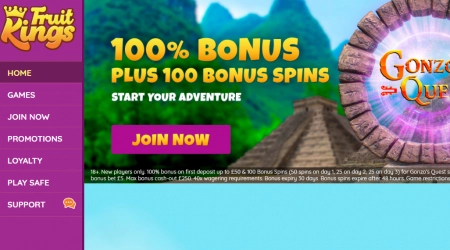 Fruit Kings homepage with bonus banner, site menu and casino logo