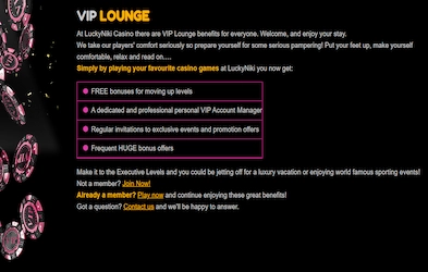 Lucky Niki VIP lounge on dark background with image of poker chips