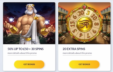 PlayLuck promotion banners with image of game elements and get bonus buttons