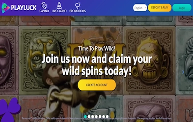 PlayLuck Casino homepage with bonus banner and site menu