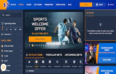 STS Casino sportsbook on dark background with promo banner and site menu