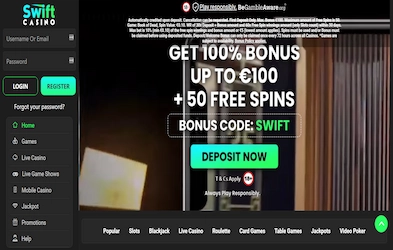 Swift Casino homepage with bonus banner, logo and menu on dark background