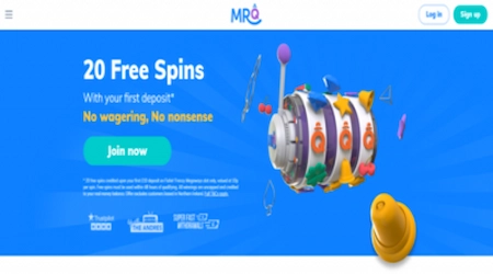 MrQ Casino Bonus banner on blue background with image of slot machine