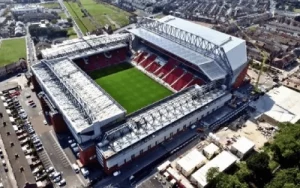 Aerial shot of Anfield stadium