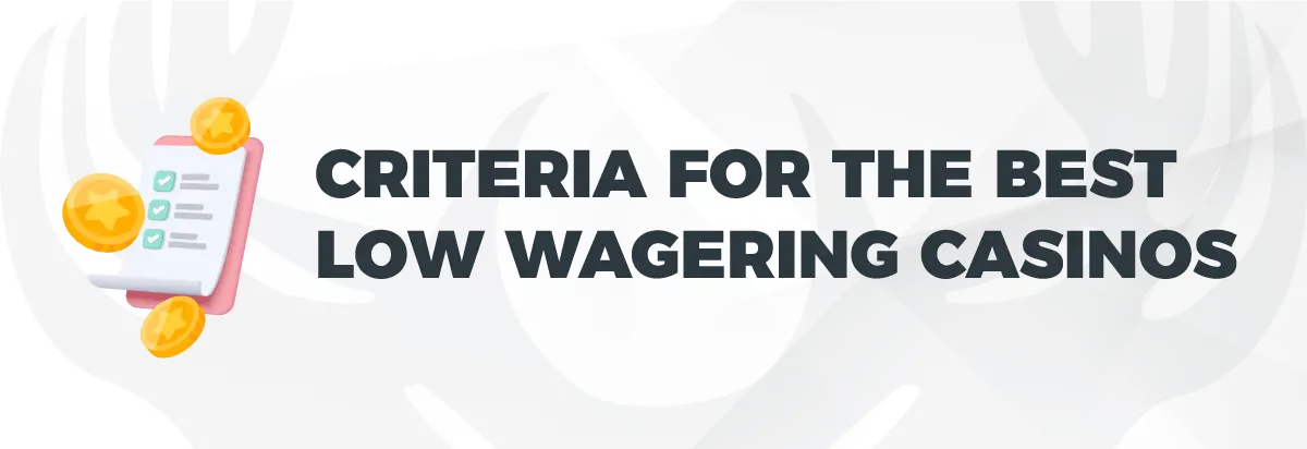 Text: Criteria for the best low wagering casinos. On light background with image of coins and notepad