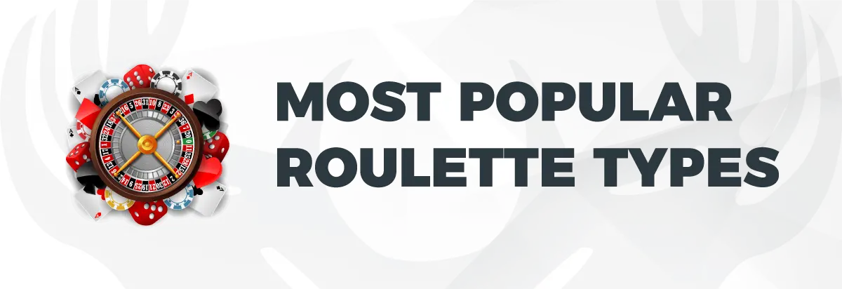 Text: Most popular roulette types. On light background with images of dices, cards and roulette