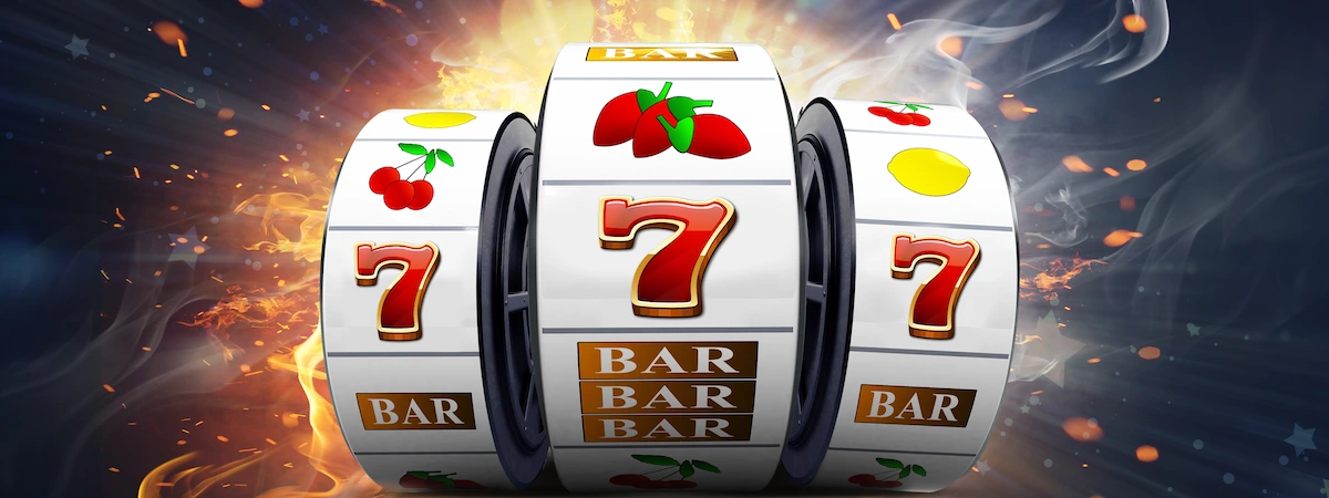 Illustration, Casino slots with the lucky jackpot isolation over fire effect and abstract background.