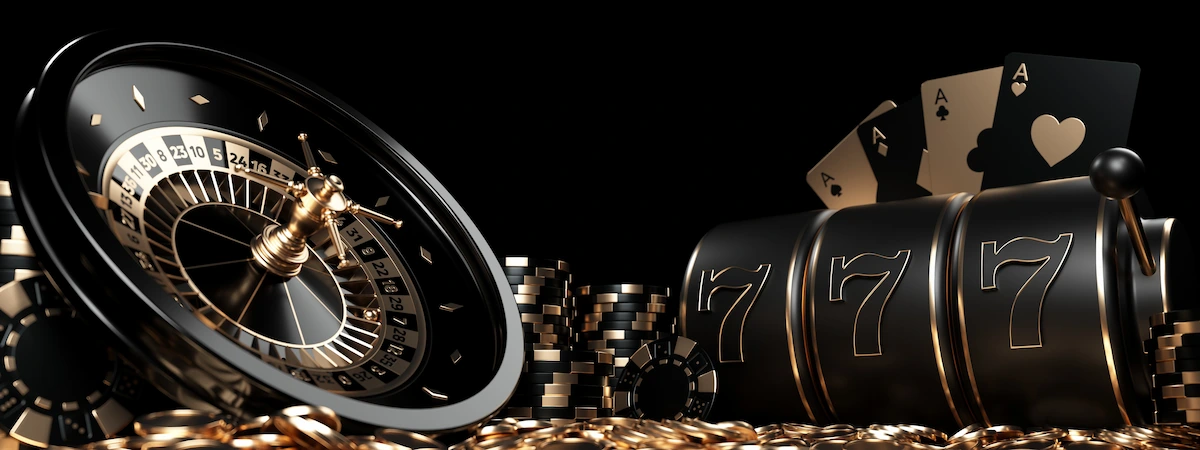 Roulette Wheel, Slot Machine, Four Aces Casino Chips And Coins, on black background. Concept of slot providers