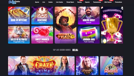 MyStakes casino webpage with games
